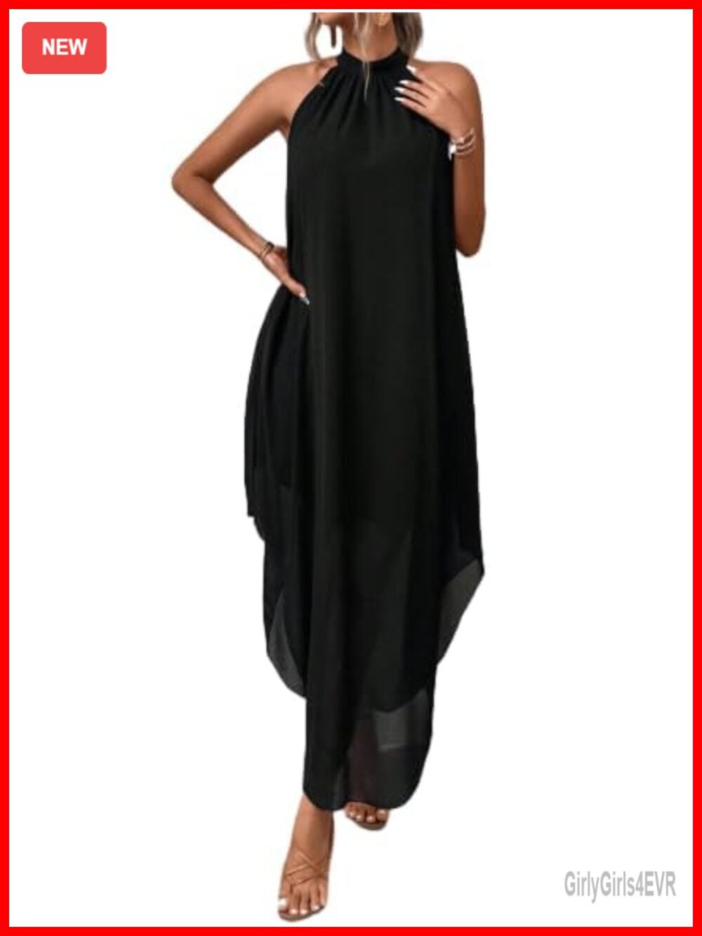 Women's Flowy Chiffon Halter Maxi Dress Sleeveless Asymmetrical Hem